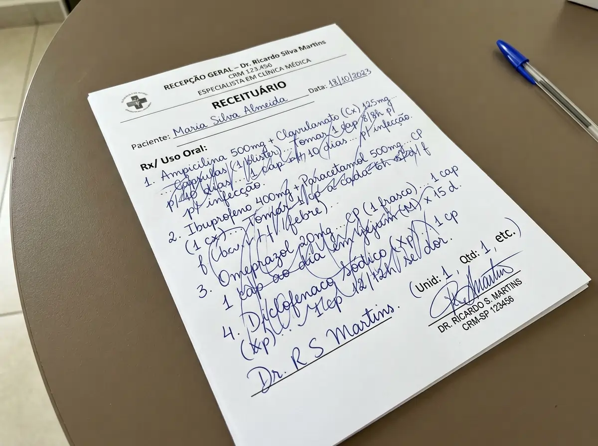 Receita médica manuscrita sobre uma mesa