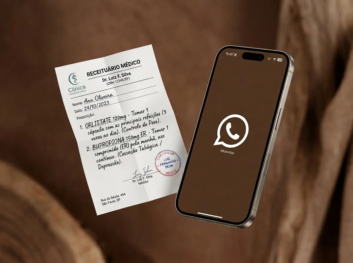 Receita médica ao lado de celular com WhatsApp aberto